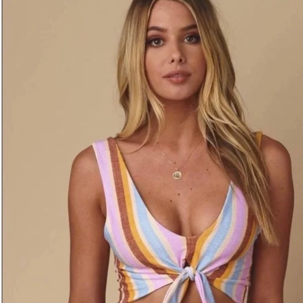 Montce Pastel Multi-Striped Tie-Front Bikini Top - Pink, Blue, Yellow, Brown